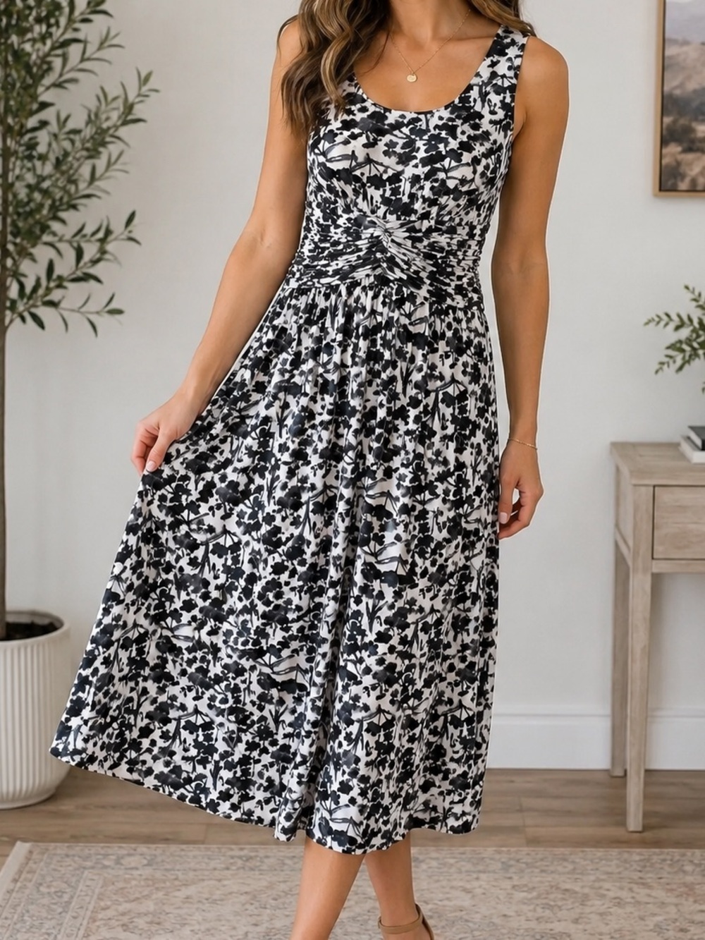 DKR Black & White Floral Ruched Waist Sleeveless Midi Dress Size Medium